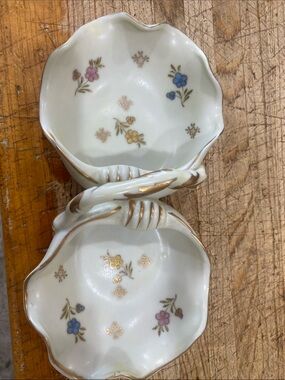 Rosetti White Porcelain Double Dish with Gold Trim and Floral Accents